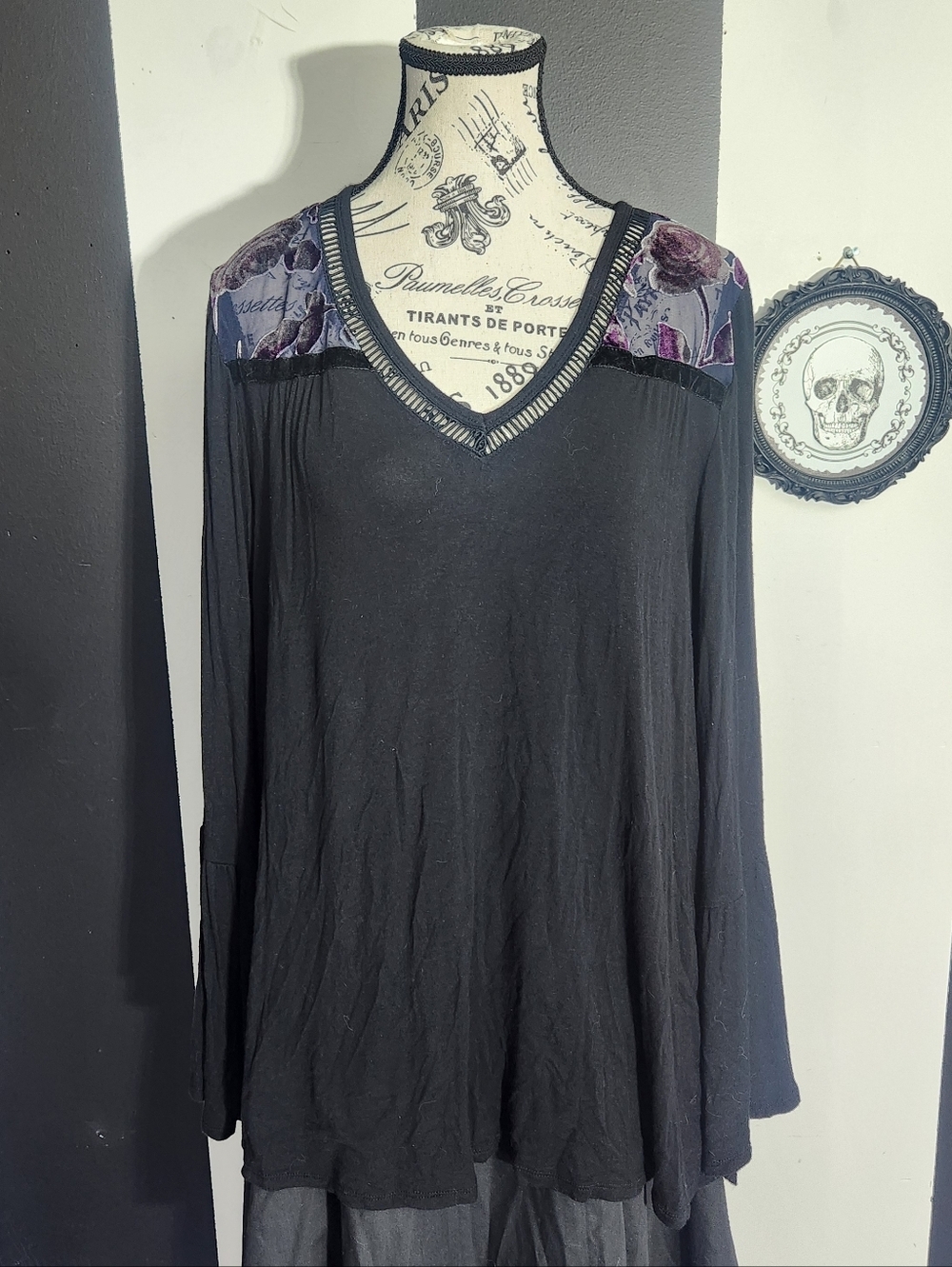 Avenue Black Long Sleeve Tunic with Purple Floral Yoke